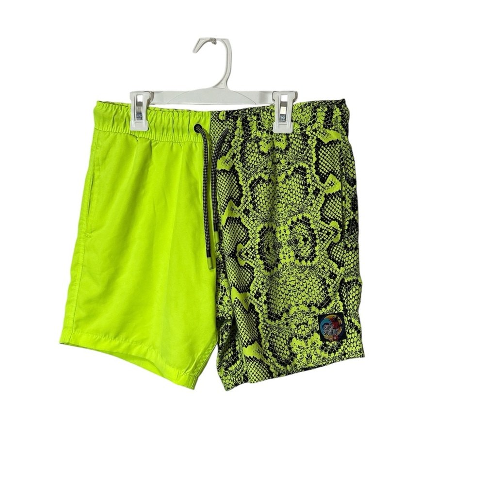 SURF SOCIETY Swimwear neon green snakeskin print board shorts,size S